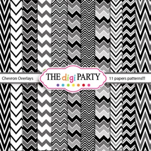 Pode incluir: Onze padrões de papel digital com designs de chevron preto e branco. O texto "THE digi PARTY" está no centro da imagem.