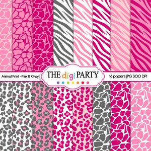 Puede incluir: Una colección de dieciséis papeles digitales con diseños de estampado animal en rosa y gris. Los diseños incluyen rayas de cebra, manchas de leopardo y patrones tipo jirafa. El texto "THE digi PARTY" se muestra en una pancarta blanca.