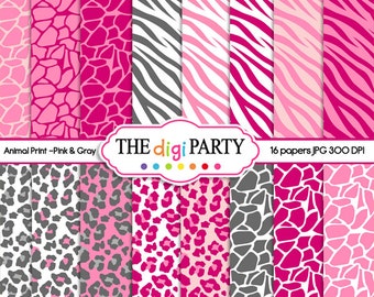 Pink Animal Prints digital paper Grey zebra scrapbook safari giraffe pattern leopard background commercial use