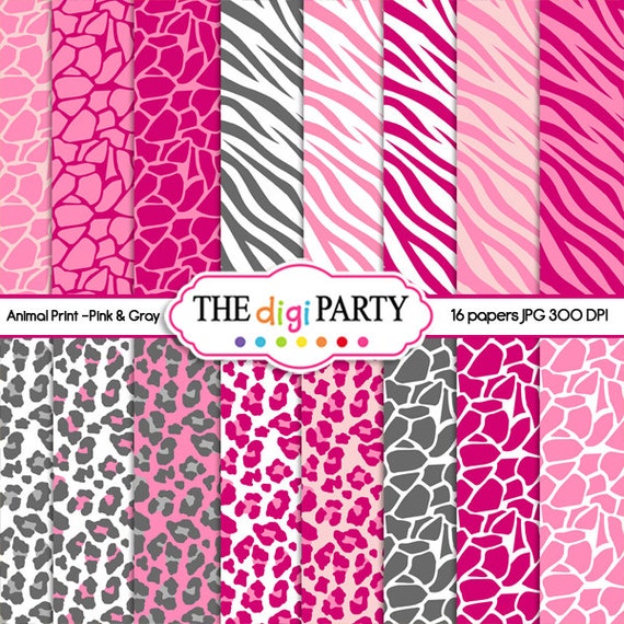 Pink Animal Prints digital paper Grey zebra scrapbook safari giraffe pattern leopard background commercial use Il_570xn