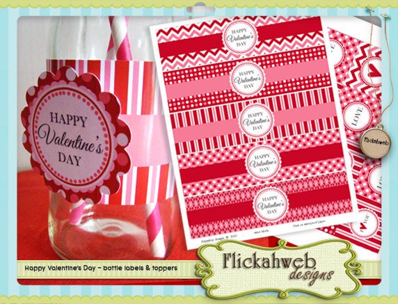 valentine's day 3D digital water bottle labels and cupcake toppers printables, valentine digital printable valentines