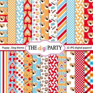 Puppy dog digital paper, bone paw and Pet pattern background for scrapbook and card making, commercial use