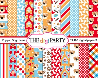 Puppy dog digital paper, bone paw and Pet pattern background for scrapbook and card making, commercial use