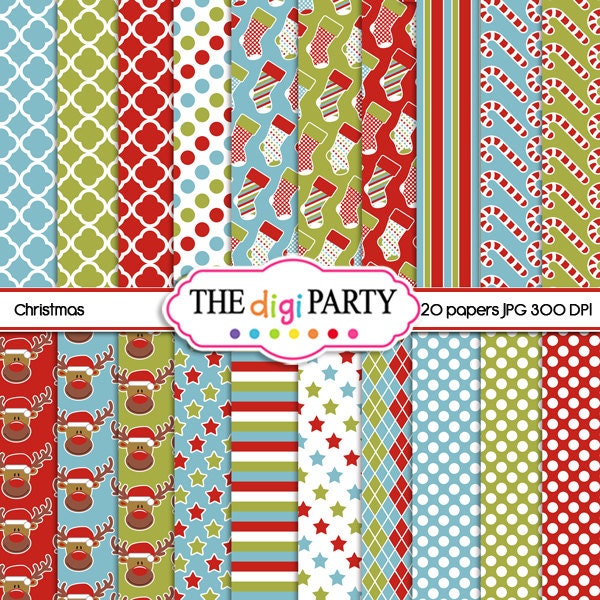 Christmas digital papers, printable Santa and reindeer background pattern, commercial use