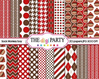 Sock Monkey digital paper background pattern, brown and red scrapbook printable papers, commercial use licence included, instant download