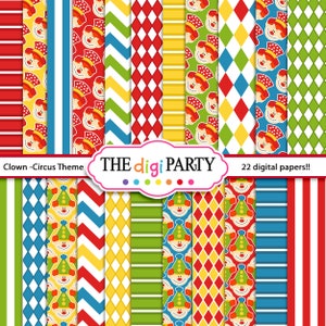Papeles digitales de payasos de circo, fondos y patrones de hojas imprimibles para manualidades scrapbooking
