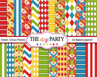 Papeles digitales de payasos de circo, fondos y patrones de hojas imprimibles para manualidades scrapbooking