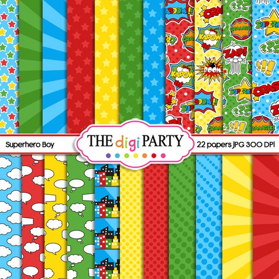 superhero digital paper printables, super hero party boy papers, commercial use instant download Il_570xn