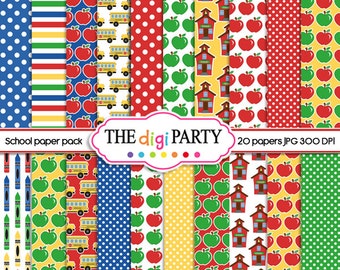 May include: A set of 20 digital papers featuring various school-themed patterns. The patterns include red and white polka dots, blue and white polka dots, yellow and white polka dots, red and white stripes, blue and white stripes, green and white stripes, red apples on a white background, green apples on a white background, yellow school buses on a blue background, red schoolhouses on a yellow background, and crayons on a white background. The text "School paper pack" and "THE digi PARTY" are visible at the top of the image. The text "20 papers JPG 300 DPI" is visible at the bottom of the image.