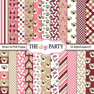 Puppy Dog Digital Paper, Dog digital papers, Pink Dog background pattern, dogs scrapbook pages, bone and paw commercial use