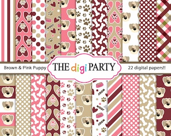 Puppy Dog Digital Paper, Dog digital papers, Pink Dog background pattern, dogs scrapbook pages, bone and paw commercial use