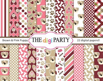 Puppy Dog Digital Paper, Dog digital papers, Pink Dog background pattern, dogs scrapbook pages, bone and paw commercial use