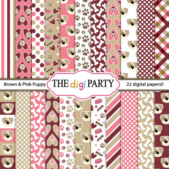 Puppy Dog Digital Paper, Dog digital papers, Pink Dog background pattern, dogs scrapbook pages, bone and paw commercial use Il_570xn