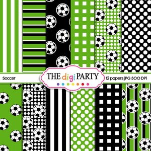 Puede incluir: Doce papeles digitales con patrones de balón de fútbol en blanco y negro sobre fondos verde y negro. Los patrones incluyen rayas, lunares y cuadrados. El texto "THE digi PARTY" está en el centro de la imagen.