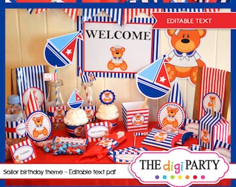 Nautical Sailor Teddy Birthday Party Decor printable package baby boy blue and red theme baby shower instant download