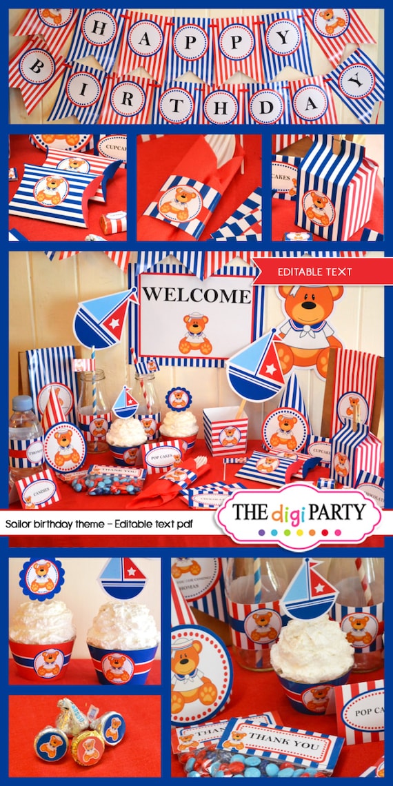 Nautical Sailor Teddy Birthday Party Decor Printable Package Baby Boy Blue  and Red Theme Baby Shower Instant Download 