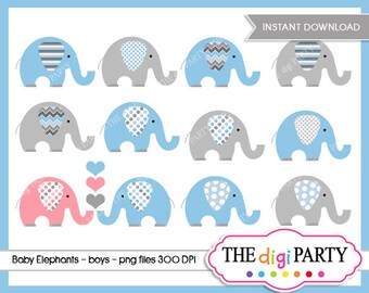 Baby Boy Elephant clipart for Baby Shower or Birthday Party in Blue and Gray, clip art