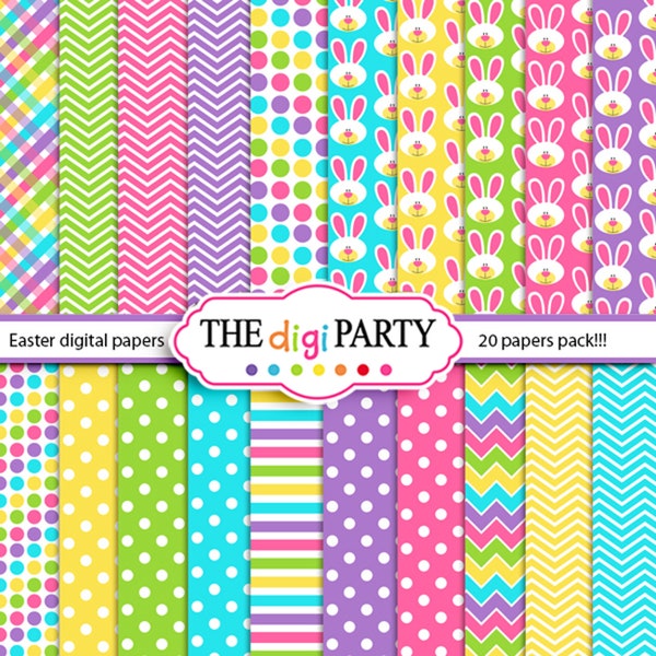 Easter digital papers scrapbook background, bunny pastel spring, easter pattern, 20 papers package