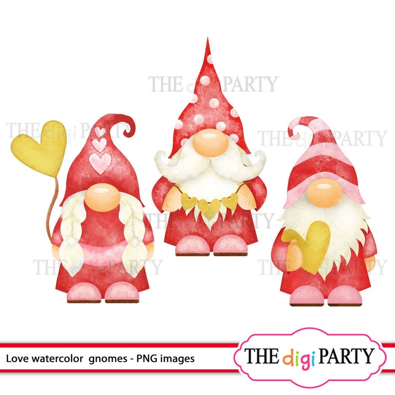 Watercolor Valentine Gnomes Clipart, valentines day heart, sublimation printable graphics, clip arts instant download image 1