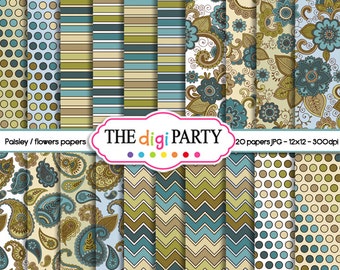 Tan and olive Paisley digital paper pack, pattern scrapbook background, floral teal, flower paper instant download commercial use