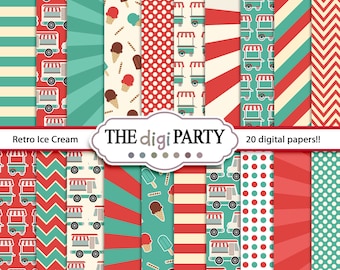 Ice cream digital paper, truck printables, background pattern, retro party scrapbook and card making, commercial use