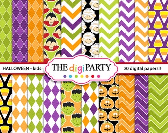 Halloween digital paper background pattern, orange black and purple scrapbook papers