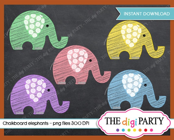 Chalkboard Elephant Clipart, Chalk Digital Clip Art Pastel Embellishment Invite, Elephant Invitation Il_570xn