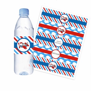 Étiquette de bouteille d'eau d'avion, emballage bleu et rouge, transport imprimable pour décoration de fête, baby shower et anniversaire