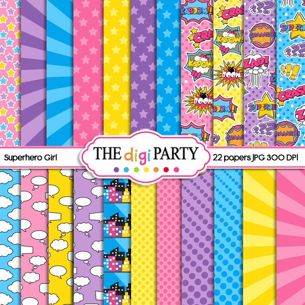 superhero digital paper printables decor for girls, super hero party printable papers available for instant download