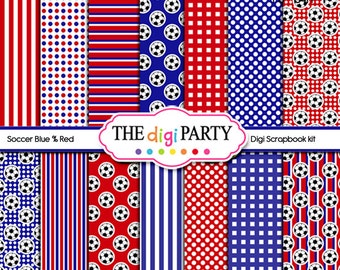 Printable soccer digital wallpapers in red, blue and white, digital scrapbooking backgrounds and patterns