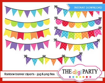Rainbow Bunting Clipart, Digital Printables Clip Art Set, Pendant Flags, commercial use
