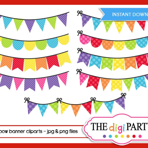 Rainbow Bunting Clipart, Digital Printables Clip Art Set, Pendant Flags, commercial use