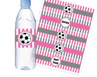 soccer water bottle labels for girls pink and gray, printable digital instant download sports wrappers party decoration, editable text