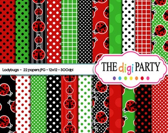 ladybug digital paper background pattern, scrabpook printables, instant download commercial use, red black papers white