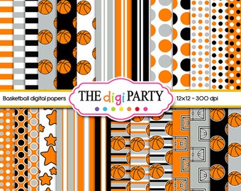 basketball digital paper, orange Black and white sports printable, scrapbook background pattern, commercial use