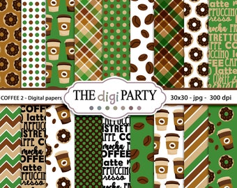 Brown and Green Coffee Digital Paper Set, Coffee beans Patterns, Brown Printable Scrapbooking Papers, Instant Digital Download