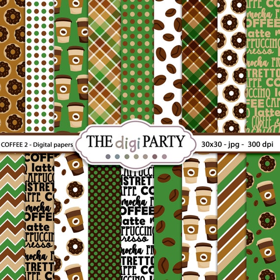 Brown and Green Coffee Digital Paper Set, Coffee beans Patterns, Brown Printable Scrapbooking Papers, Instant Digital Download Il_570xn