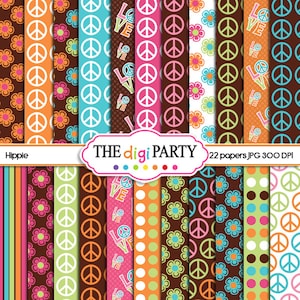 Papeles digitales hippie imprimibles, fondos y patrones groovy para manualidades, paz y amor decoración de cumpleaños