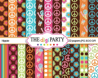 hippie digital paper background pattern, scrapbook printable, scrapbooking papers,  groovy peace theme, birthday decoration instant download