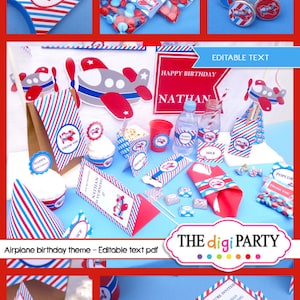 Puede incluir: Decoraciones de fiesta de cumplea&ntilde;os con tem&aacute;tica de avi&oacute;n en colores rojo, blanco y azul. Las decoraciones incluyen una pancarta que dice "Feliz cumplea&ntilde;os", un adorno para pastel, envoltorios para cupcakes, bolsas de regalo y una invitaci&oacute;n a la fiesta. La invitaci&oacute;n es una tarjeta de embarque con el texto "Nathan Airlines" y "Fly on over to Nathan's 3rd Birthday Party".