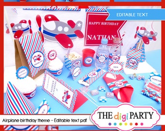 Airplane Birthday or baby shower Party decoration printable red blue plane invitation boarding pass ticket editable text airforce toy plane