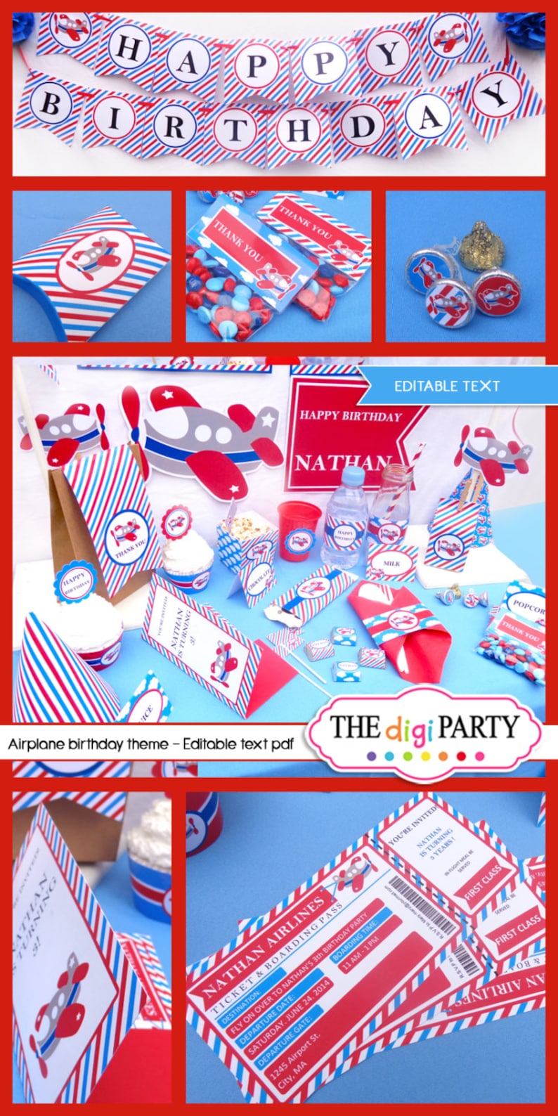 Puede incluir: Decoraciones de fiesta de cumplea&ntilde;os con tem&aacute;tica de avi&oacute;n en colores rojo, blanco y azul. Las decoraciones incluyen una pancarta que dice "Feliz cumplea&ntilde;os", un adorno para pastel, envoltorios para cupcakes, bolsas de regalo y una invitaci&oacute;n a la fiesta. La invitaci&oacute;n es una tarjeta de embarque con el texto "Nathan Airlines" y "Fly on over to Nathan's 3rd Birthday Party".