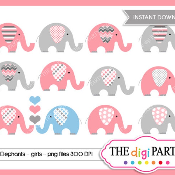 Imágenes Prediseñadas de Elefante Rosa, Stickers para Baby Shower de niña, Decoración Tarjetas y Fiestas de Cumpleaños