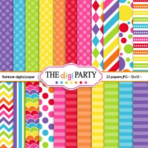 May include: A set of 22 digital papers featuring various colorful patterns, including polka dots, stripes, chevron, and geometric designs. The papers are 12x12 inches and are perfect for scrapbooking, card making, and other craft projects. The text "THE digi PARTY" is displayed in a white banner with a rainbow border.