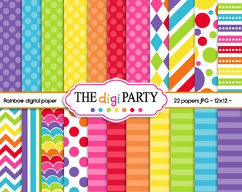 Rainbow Digital Paper background pattern, scrapbook printable papers, bright spring colors instant download