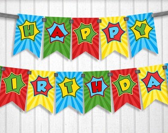 super hero birthday banner superhero decoration for boy, pennant for boys, bunting red blue yellow party decor, by The Digi Party