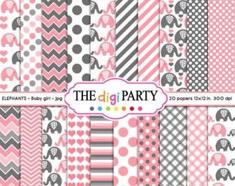 Baby Girl Elephant digital papers, Pink and Gray background, baby shower pattern, digital scrapbooking