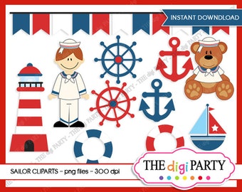 Puede incluir: Un conjunto de 10 imágenes de clipart con temática náutica en rojo, blanco y azul. Las imágenes incluyen un faro, un marinero, un oso de peluche, anclas, un salvavidas, un timón de barco y un velero. El texto "INSTANT DOWNLOAD" y "THE digi PARTY" también se incluyen en la imagen.