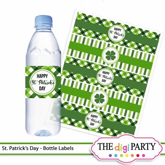 St Patrick's day printable water bottle label, party decoration, instant download Shamrock label gift for him, irish decor green and white