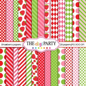 Papiers numériques imprimables à la fraise rouge rose et vert, arrière-plan et motif pour l'artisanat comme scrapbooking, usage commercial